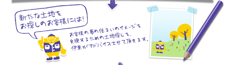 新たな土地をお探しのお客様には！お客様の夢の住まいのイメージを実現するための土地探しを、伊東がアドバイスさせて頂きます。
