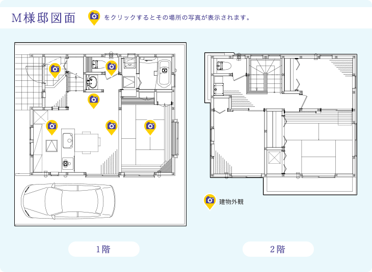 M様邸図面　カメラマークをクリックするとその場所の写真が表示されます。